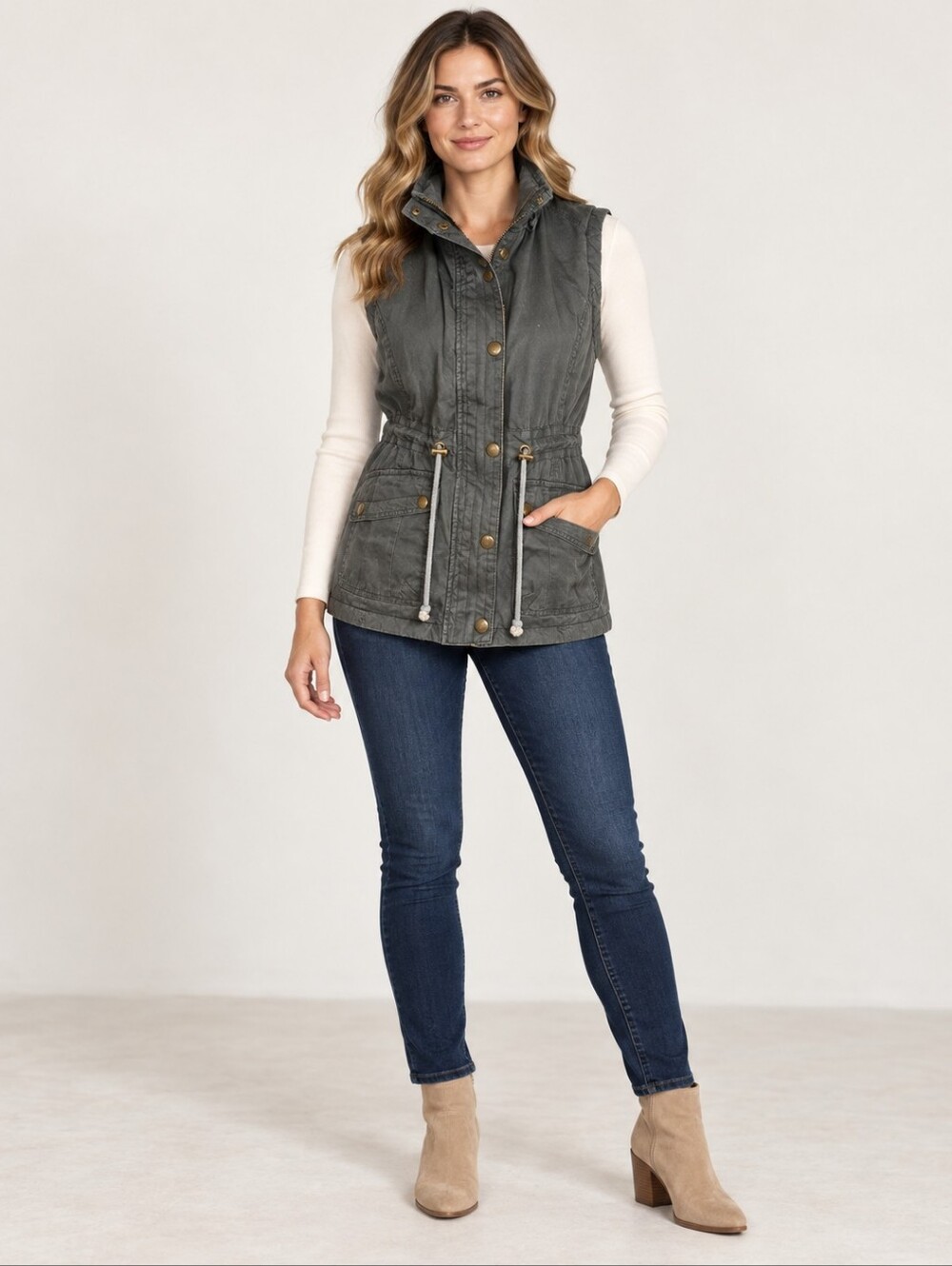 Fashionomics Olive Utility Vest with Gold Hardware